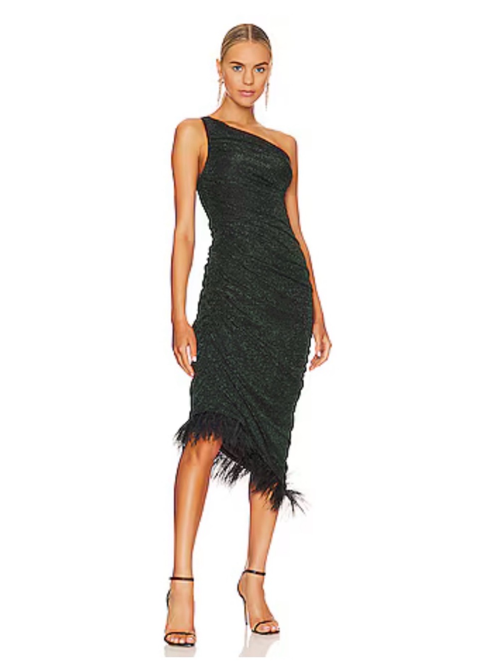 Saylor Hilaria One‎ Shoulder Midi Dress Feather Trim Emerald Black Size XS NWT